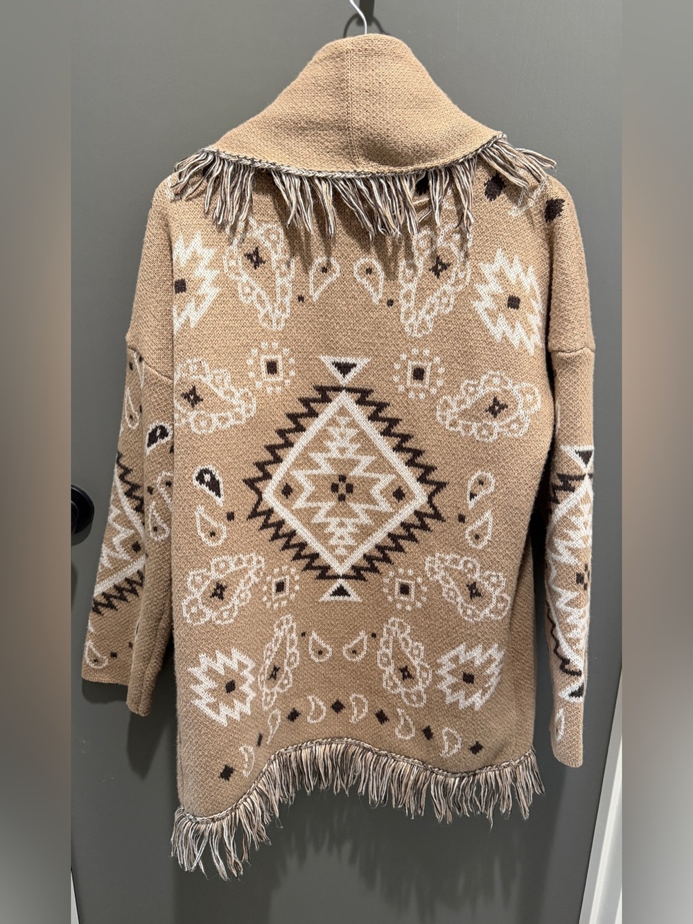 Beige Aztec Fringe Open-Front Knit Cardigan - Picture 2 of 5